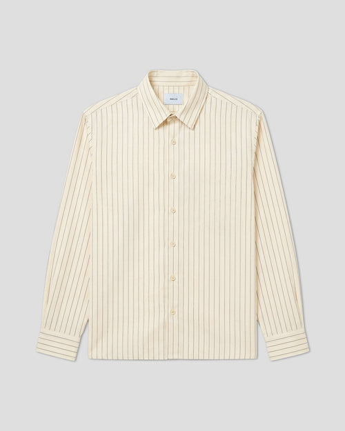 Cream pinstripe oversized shirt laid flat, showing white and cream stripe pattern. Émilio SS26